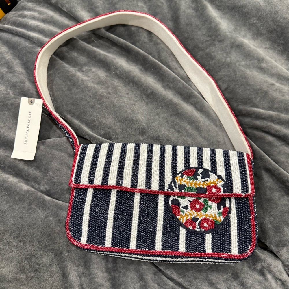 Anthropologie Fiona Icon Edition Beaded Shoulder bag NWT Floral Stripe Baseball